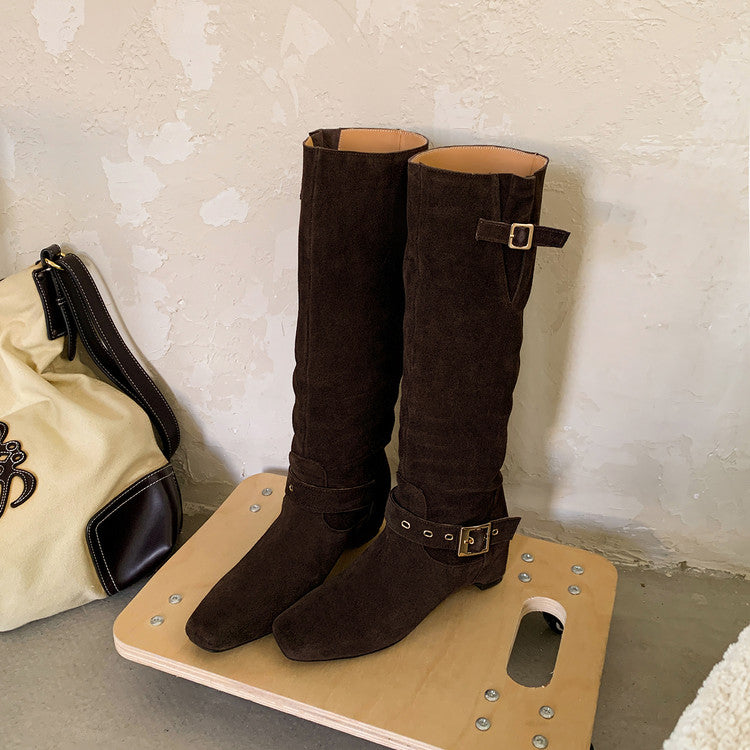 Karin Luna Data Model Belt Buckle Matte Square Toe Hidden Wedge Slouch Western Boots