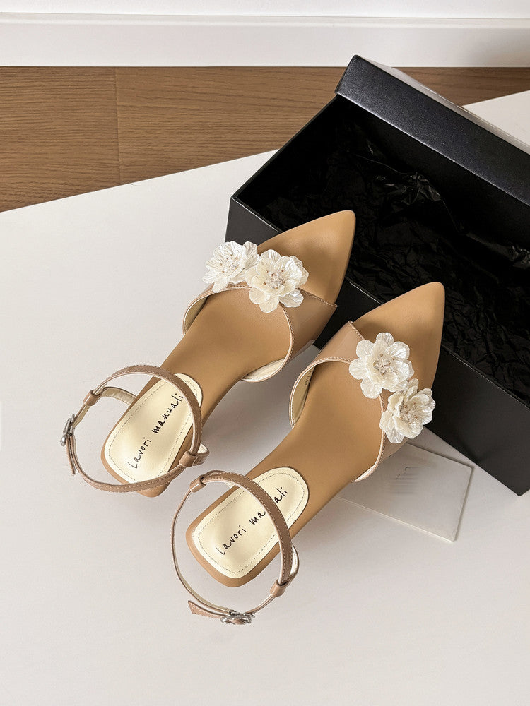 Karin Luna In Stock Spot Goods  Classic Camellia Pointed Toe Elegant Irregular Heel Sandals