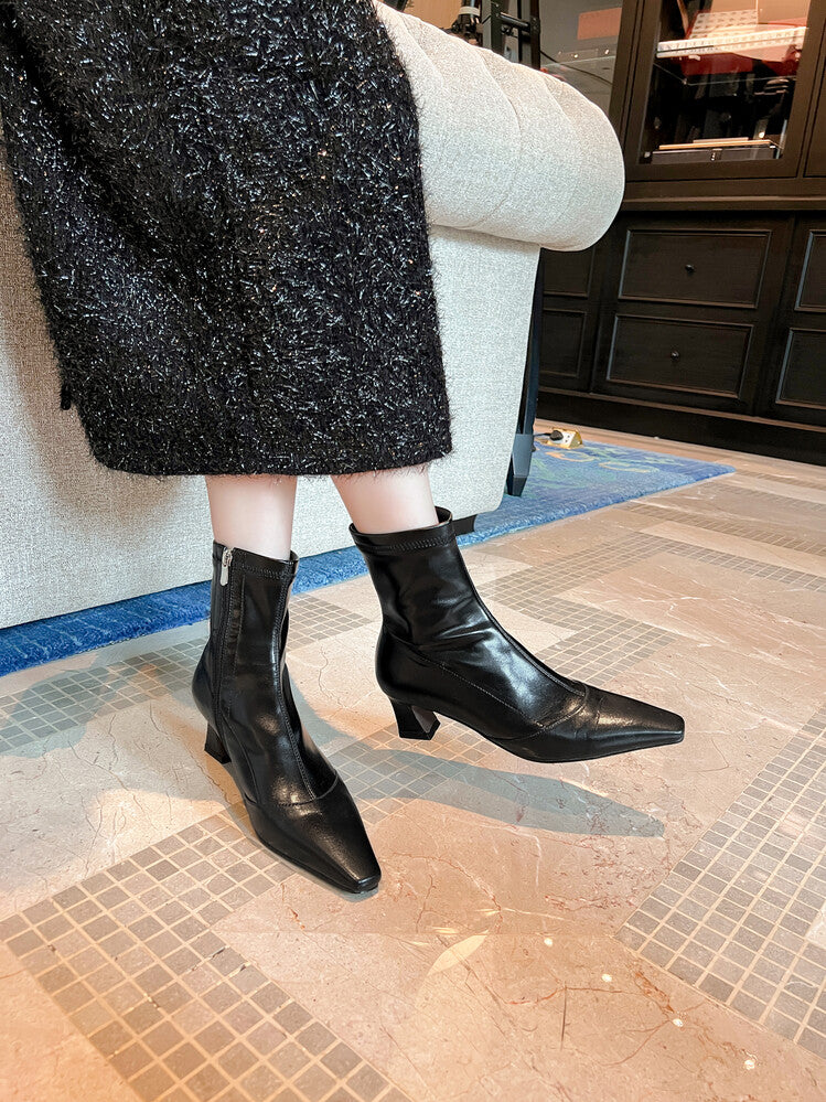 Karin Luna Elegant Small Square Toe Chunky Heel Slim Boots