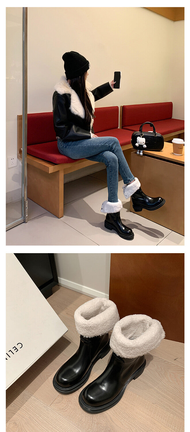 Karin Luna Classic Basic Style   Convertible Foldable Hidden Buckle Snow Fur Shoes Full cowhide Basic Flat Short Boots
