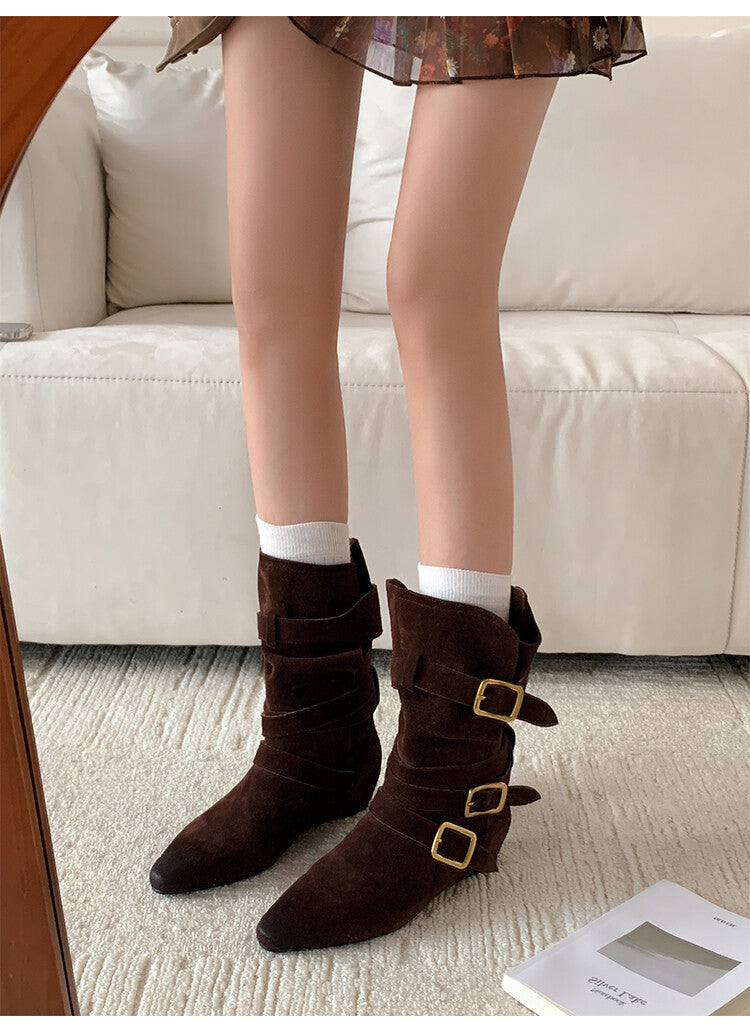 Karin Luna Cow Leather Small Square Toe Belt Buckle Fashion Boots