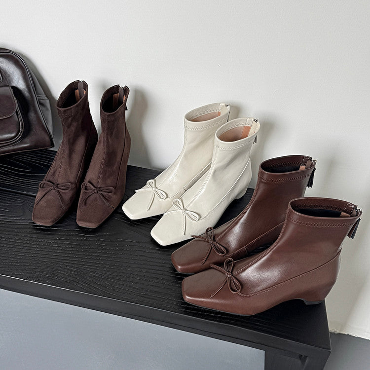 Karin Luna French Style Square Toe Bowknot Hidden Wedge Slim Boots