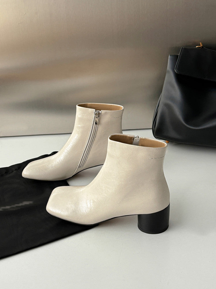 Karin Luna French Style Square Toe Chunky Heel Ankle Boots