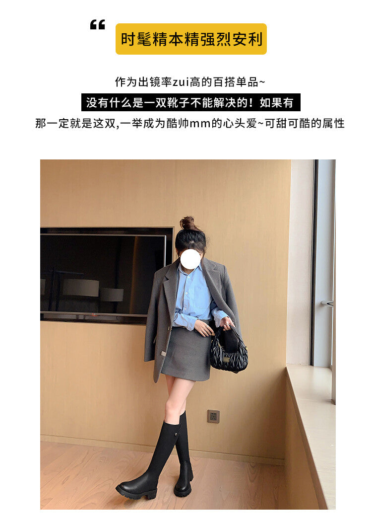 Karin Luna Hot-Selling In Stock   Basic Casual Hot-Selling Round-Toe Long Boots Full Cowhide Leather Long Boots Flat Bottom Hot Sale