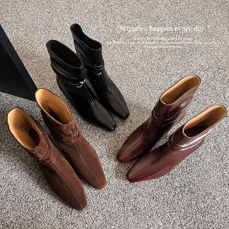 Karin Luna In Stock Spot Goods  Retro Wrinkled Small Square Toe Short Boots