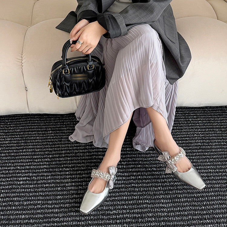 Karin Luna Handmade One-Strap Rhinestone Ribbon Square-Toe Mules