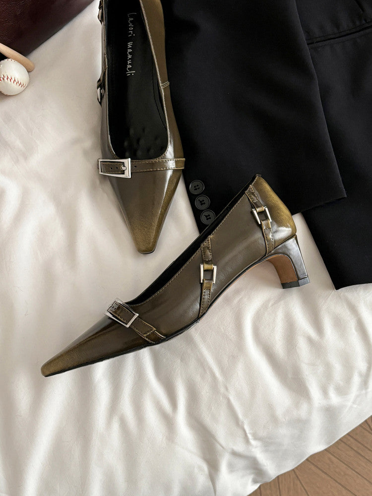 Karin Luna In Stock In Stock Retro Belt Buckle Small Square Toe Chunky Heel Single Shoes