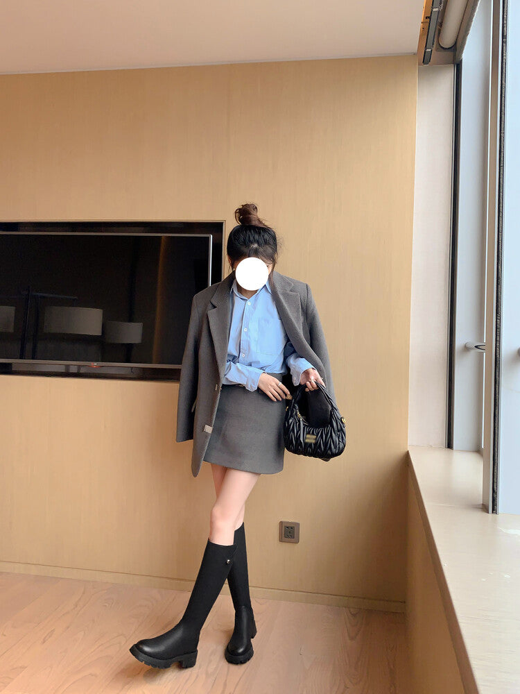 Karin Luna Hot-Selling In Stock   Basic Casual Hot-Selling Round-Toe Long Boots Full Cowhide Leather Long Boots Flat Bottom Hot Sale