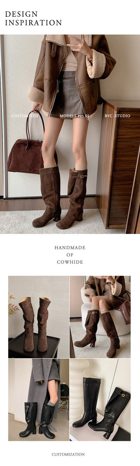Karin Luna In Stock In Stock Mango Head Large Tube Belt Buckle Chunky Heel Long Boots