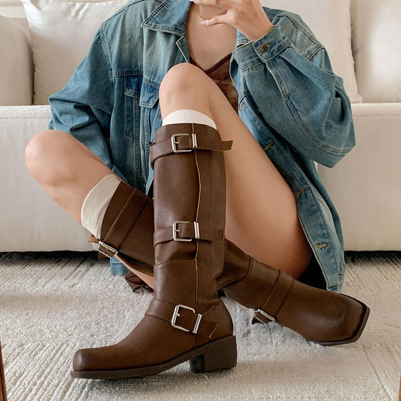 Karin Luna In Stock In Stock European and American Style Square Toe Thick Sole Belt Buckle Long Boots
