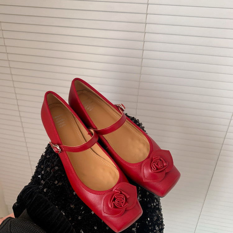 Karin Luna In Stock Spot Goods  Vintage Three-Dimensional Camellia Square-Toed Mary Jane Shoes