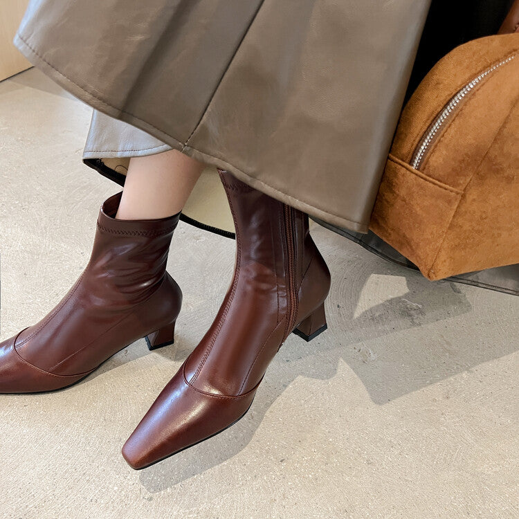 Karin Luna Elegant Small Square Toe Chunky Heel Slim Boots