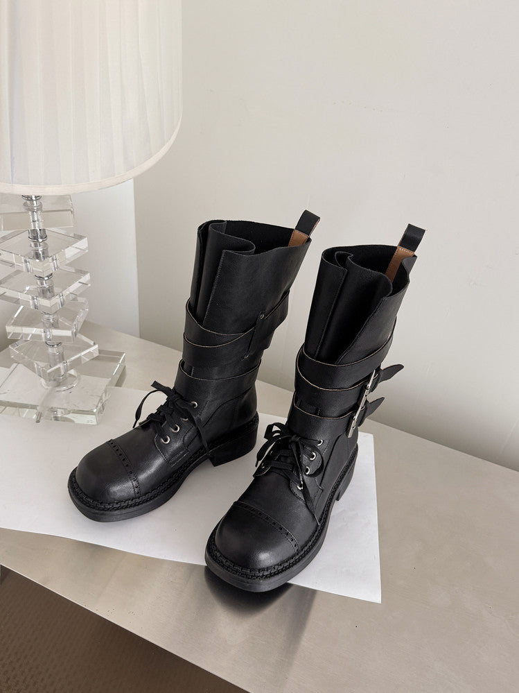 Karin Luna Bestseller Hot-Selling Large Tube Leather Belt Buckle Round Toe Thick-Soled Short Boots