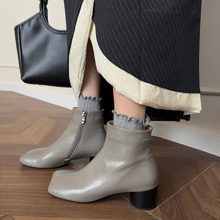 Karin Luna French Style Square Toe Chunky Heel Ankle Boots