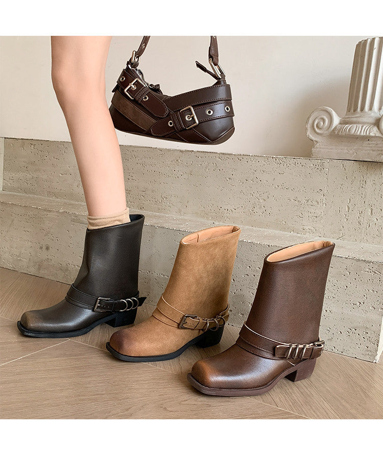 Karin Luna Elegant Style Square Toe Belt Buckle Pants Boot Short Boots