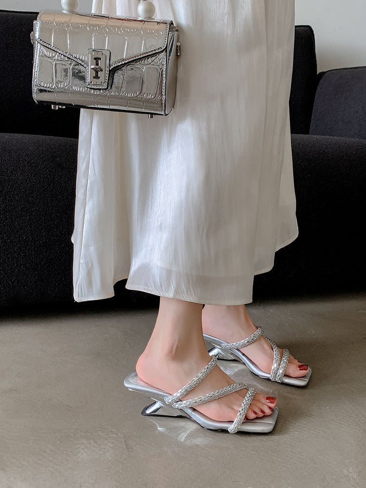 Karin Luna In Stock Spot Goods  Rhinestone One-Strap Irregular Heel Square-Toe Slippers