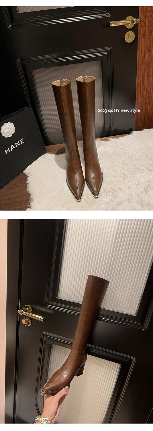 Karin Luna In Stock  In Stock Elegant Metal Pointed Toe Chunky Heel Full Cowhide Leather Riding Boots