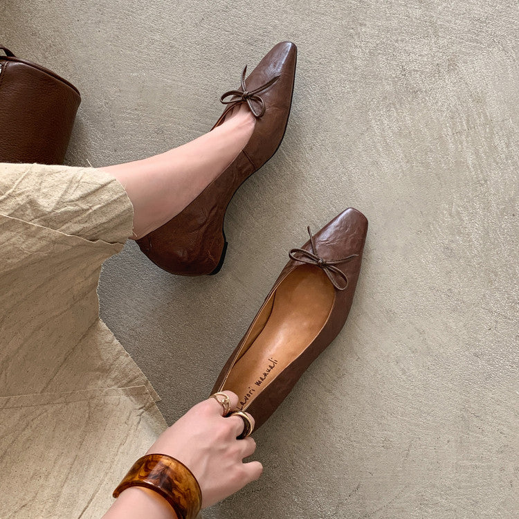 Karin Luna Full Layer Inside and Out~Basic Versatile Small Square Toe Butterfly Knot Irregular Heel Single Shoes
