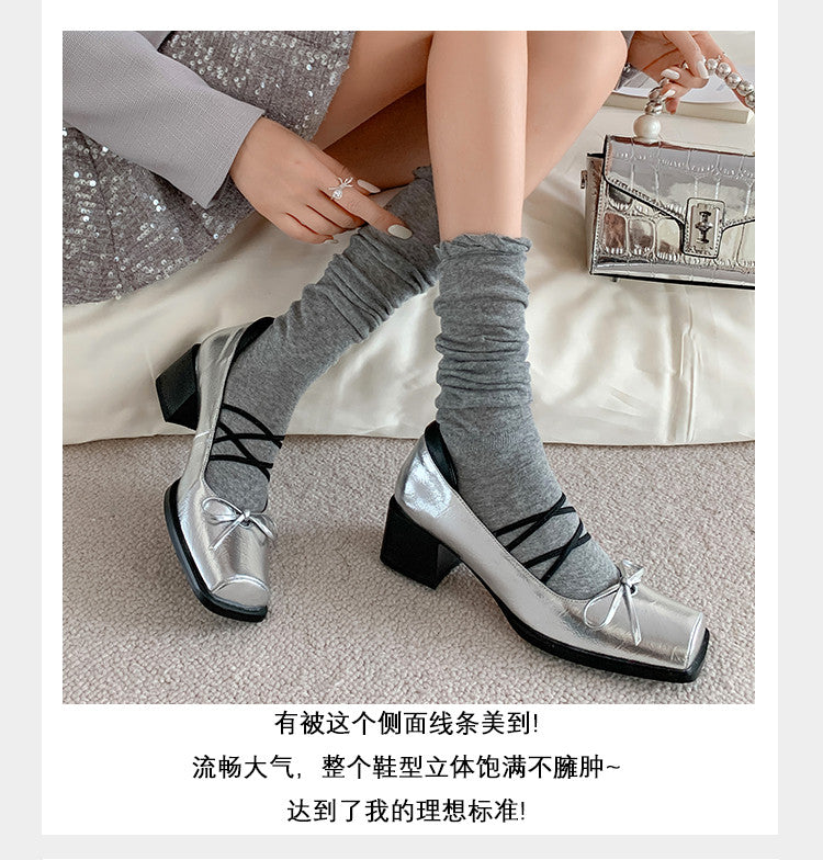 Karin Luna In Stock Spot Goods  Popular Self-flowing Bowknot Square Toe Chunky Heel Single Shoes