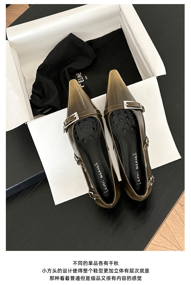 Karin Luna In Stock In Stock Retro Belt Buckle Small Square Toe Chunky Heel Single Shoes