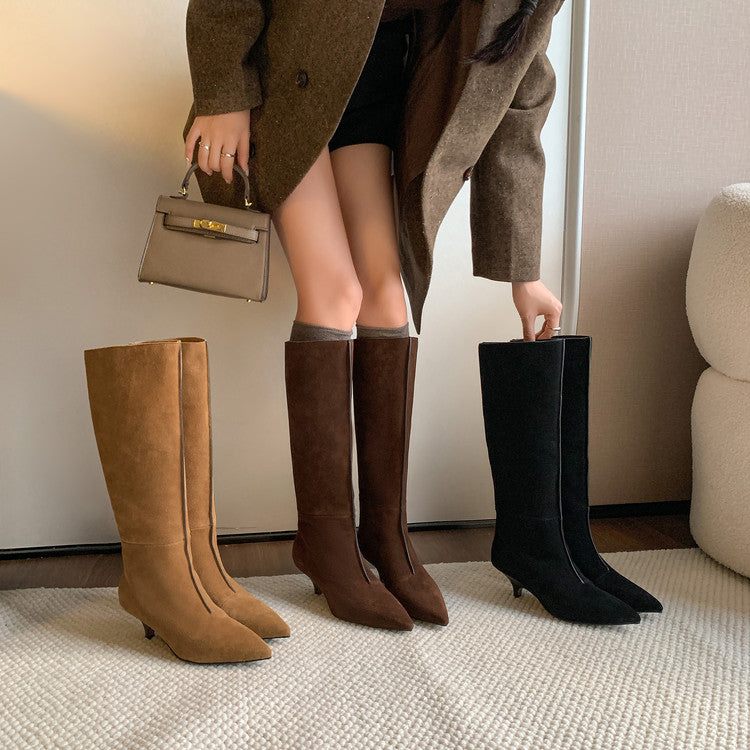 Karin Luna In Stock Spot Goods Retro Cowhide Pointed Toe Stiletto Elegant Long Boots