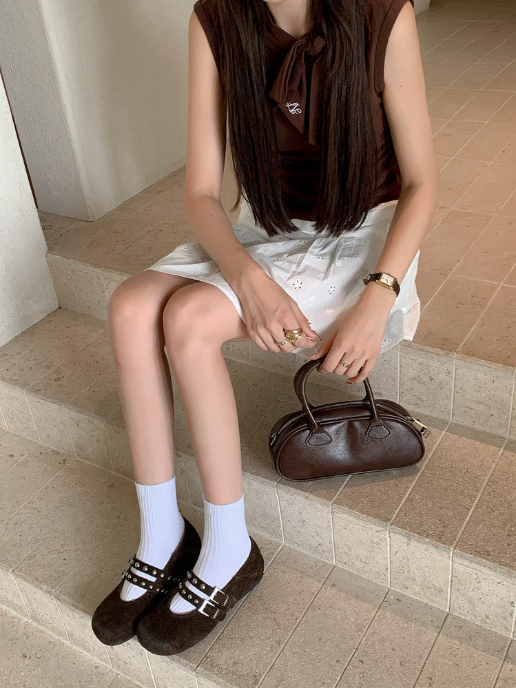 Karin Luna Hot Item Hot Item Punk Style One-Strap Round-Toe Suede Leather Height-Increasing Flats