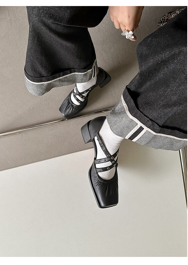Karin Luna In Stock Spot Goods First Layer Sheepskin Cross Strap Rivet Square Toe Mary Jane Sandals