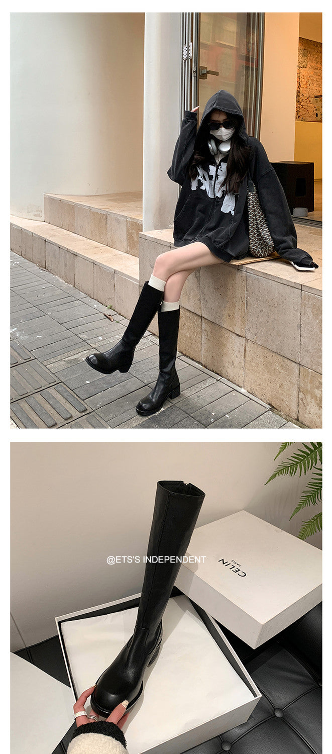 Karin Luna Basic Versatile Style Round Toe Chunky Heel Long Boots