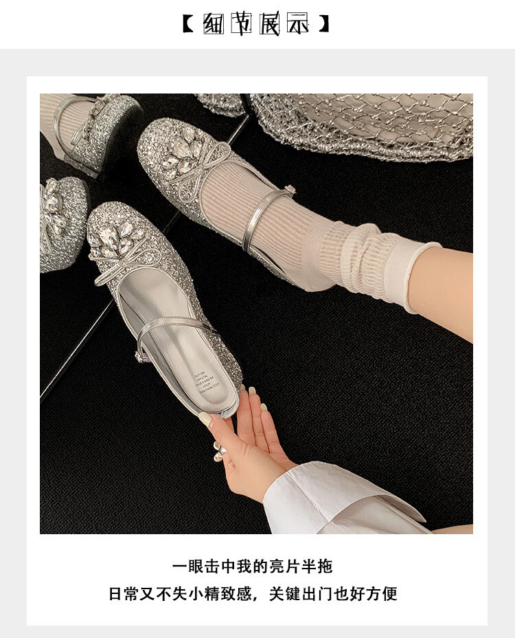 Karin Luna In Stock In Stock  Rhinestone One-Strap Round-Toe Slip-On Height-Increasing Soft Slippers