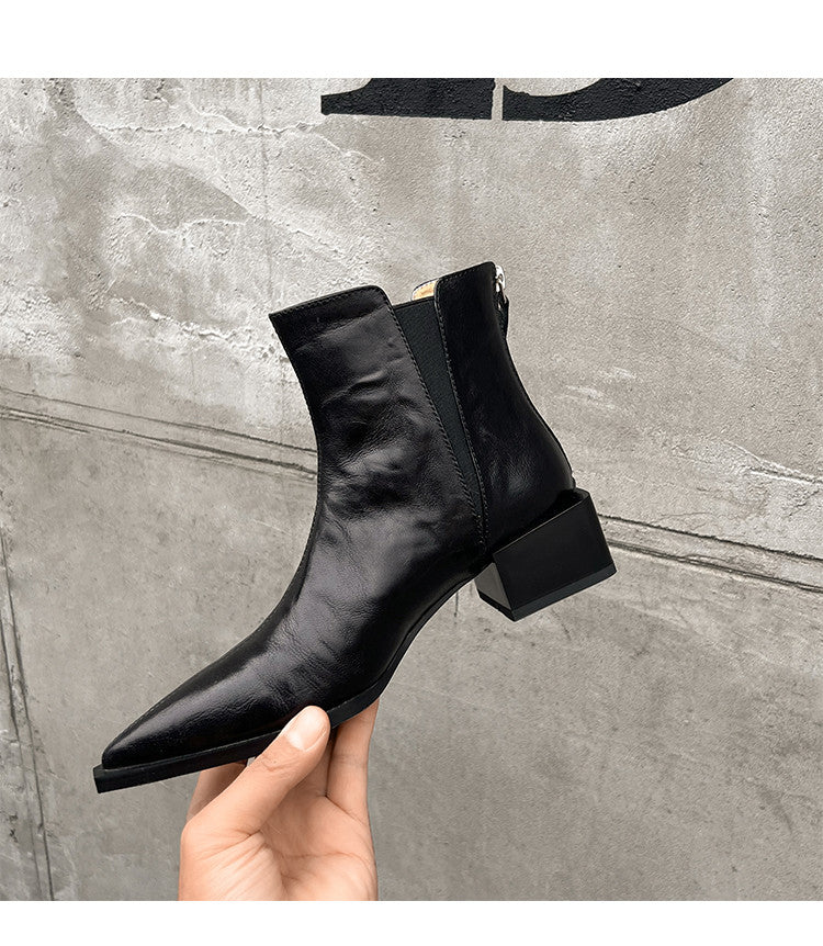 Karin Luna In Stock Spot Goods Elegant Stretch Fabric Patchwork Pointed Toe Chunky Heel Short Boots