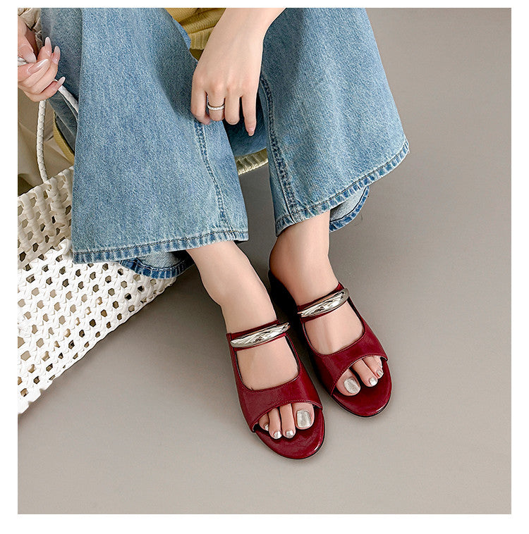 Karin Luna In Stock Spot Goods  Metal Buckle Round Toe Strap Slippers