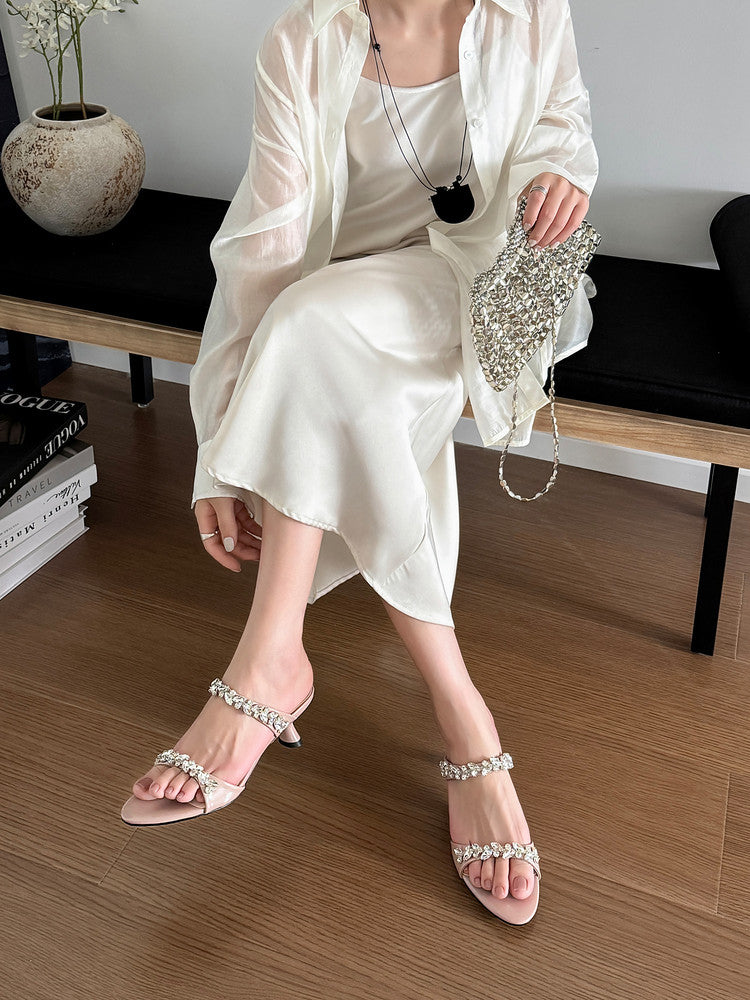 Karin Luna Exquisite Round Toe One-Strap Rhinestone Thin Heel Slippers