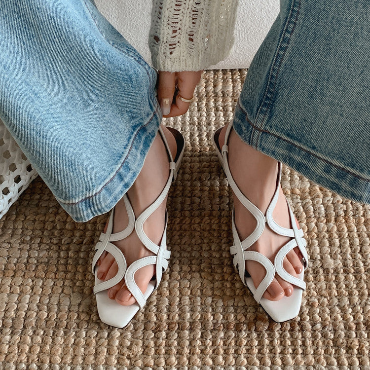 Karin Luna French Hollow Style Small Square Toe Chunky Heel Sandals