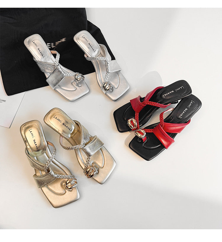 Karin Luna Braided Style ~Cross Strap Square Toe Irregular Heel Slippers
