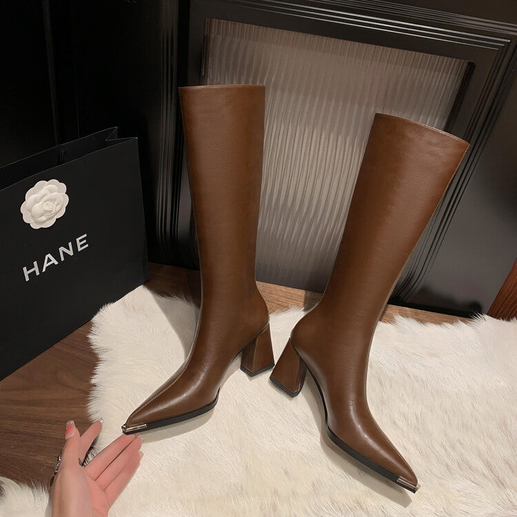 Karin Luna In Stock  In Stock Elegant Metal Pointed Toe Chunky Heel Full Cowhide Leather Riding Boots
