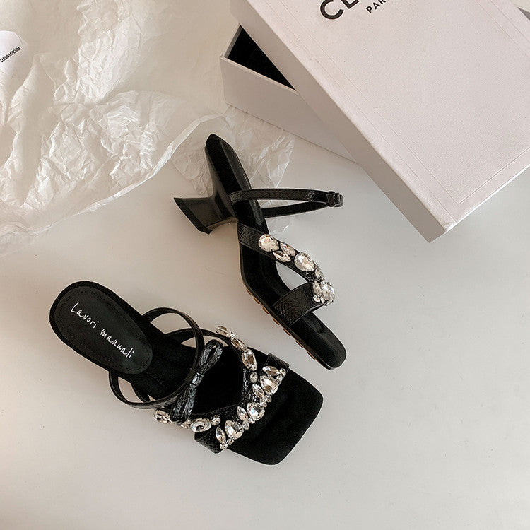Karin Luna In Stock In Stock  Square Toe Rhinestone Bow Suede Slippers