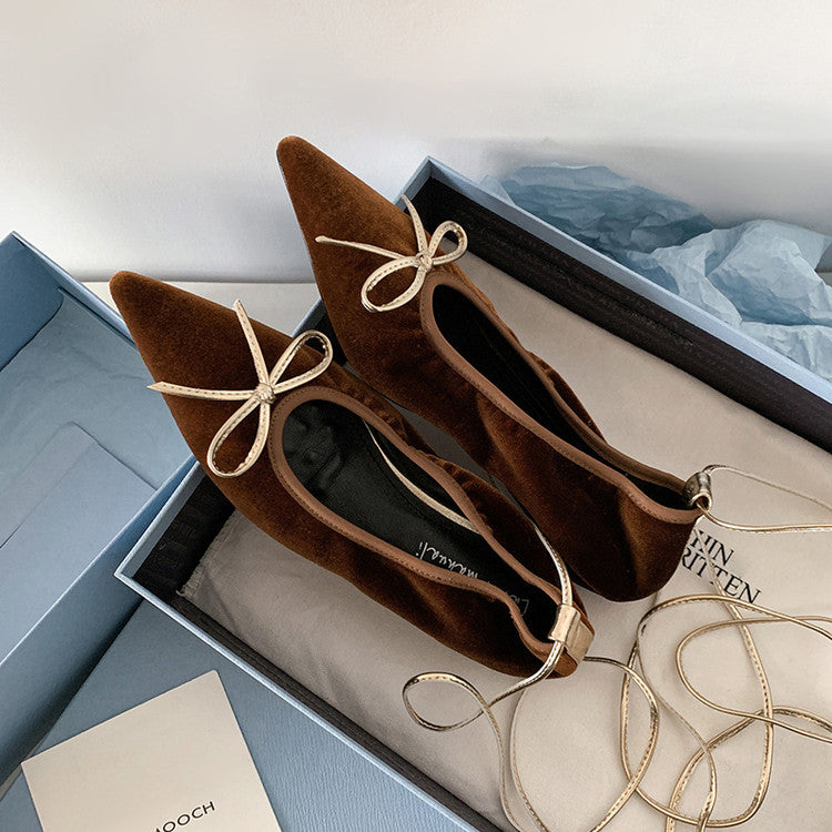 Karin Luna In Stock In Stock Retro Velvet Pointed Toe Bowknot Single Shoes
