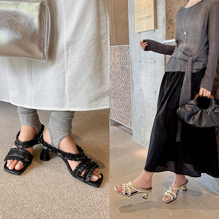 Karin Luna In Stock  Spot Goods  Unique Square-Toe Pleated Lace Sandals