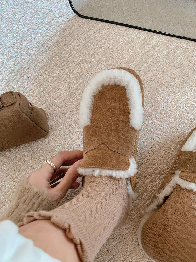 Karin Luna In Stock Look~This is such thick lamb wool Winter Atmosphere！Cowhide Leather Lamb Wool Round Toe Flat Sole Half Support！