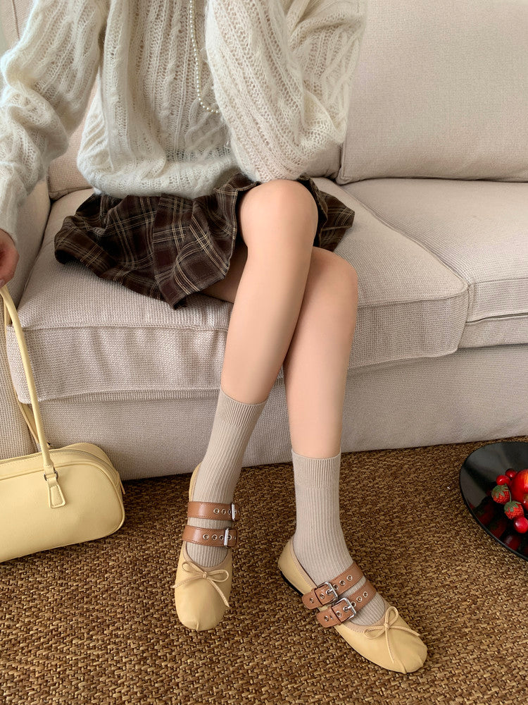 Karin Luna In Stock Spot Goods Minimalist Retro Round Toe Mary Jane Bowknot Height-Increasing Flats