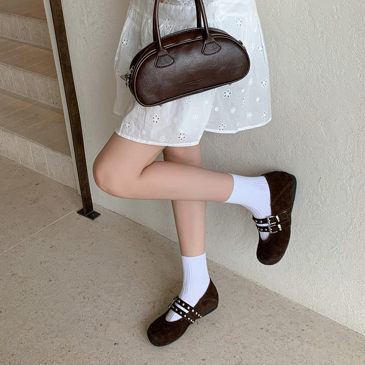 Karin Luna Hot Item Hot Item Punk Style One-Strap Round-Toe Suede Leather Height-Increasing Flats