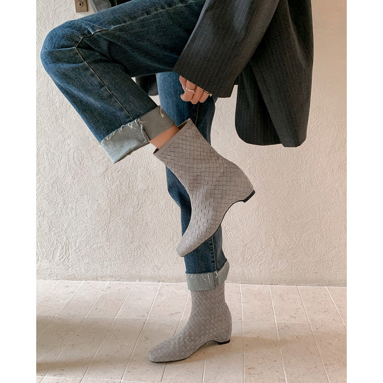 Karin Luna Handmade Woven Fabric Small Square Toe Hidden Heel Short Boots