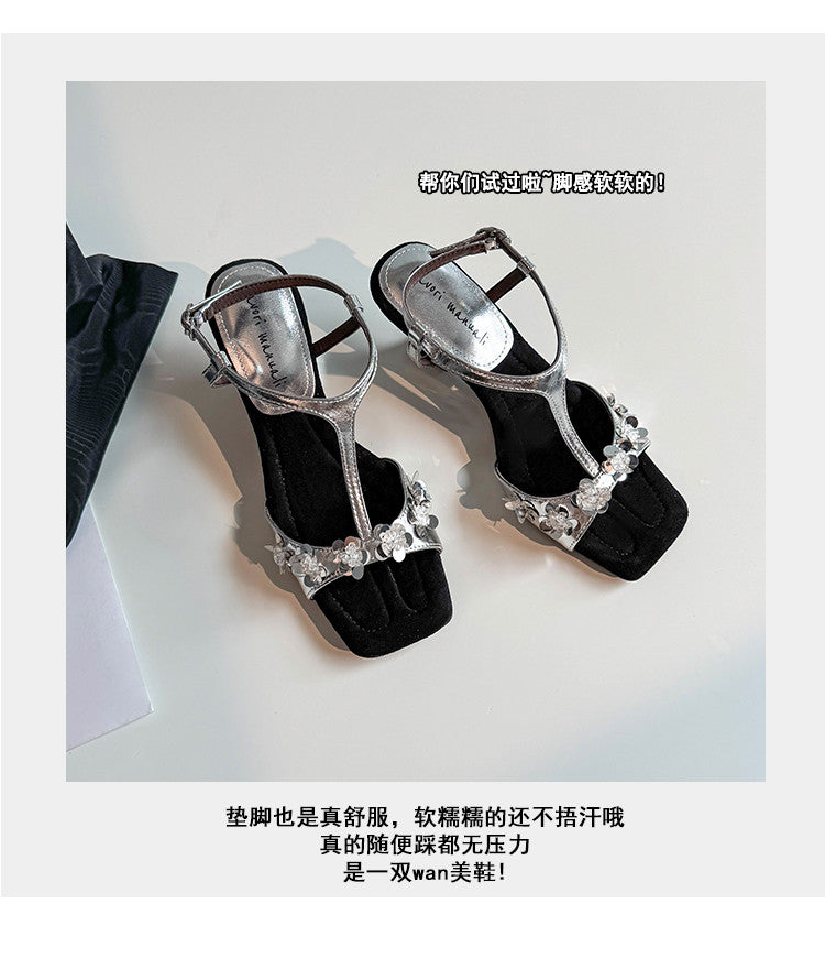 Karin Luna Hot-Selling Sequin Floral Series ~  Square Toe Irregular Heel Square Toe Sandals