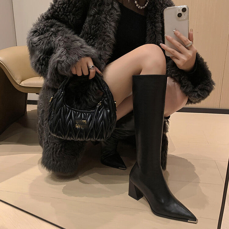 Karin Luna In Stock  In Stock Elegant Metal Pointed Toe Chunky Heel Full Cowhide Leather Riding Boots