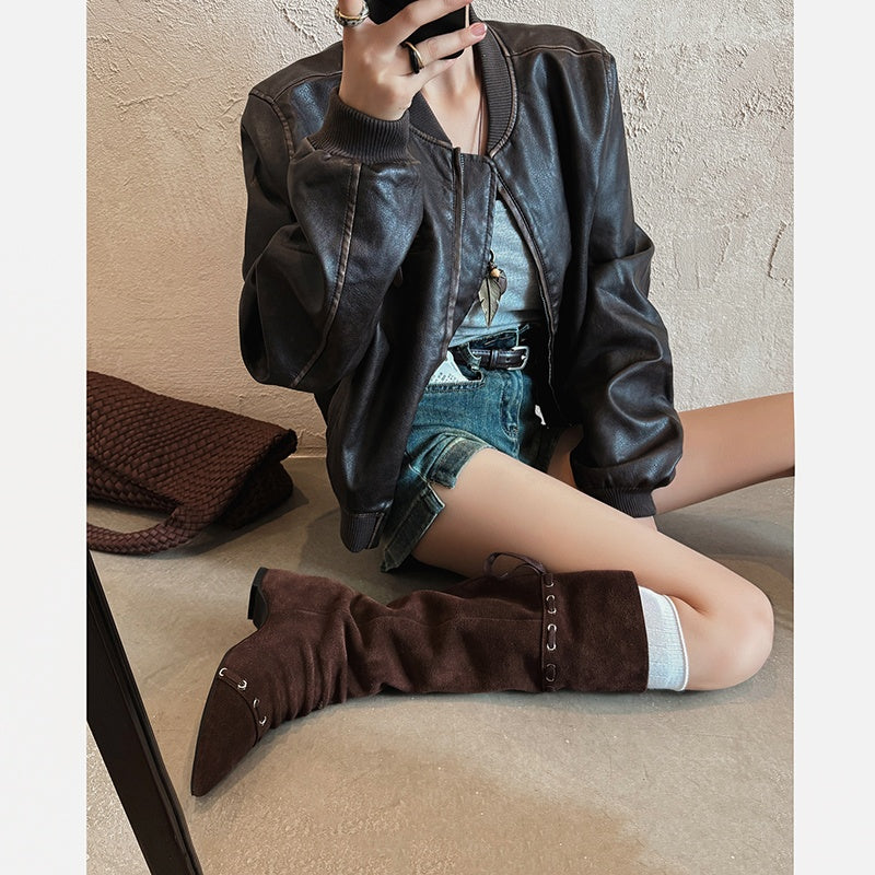 Karin Luna Elegant Style  Pointed Toe Pleated Hidden Wedge Western Boots