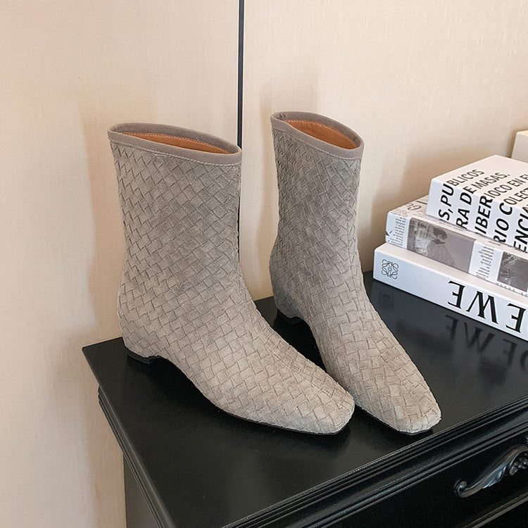 Karin Luna Handmade Woven Fabric Small Square Toe Hidden Heel Short Boots