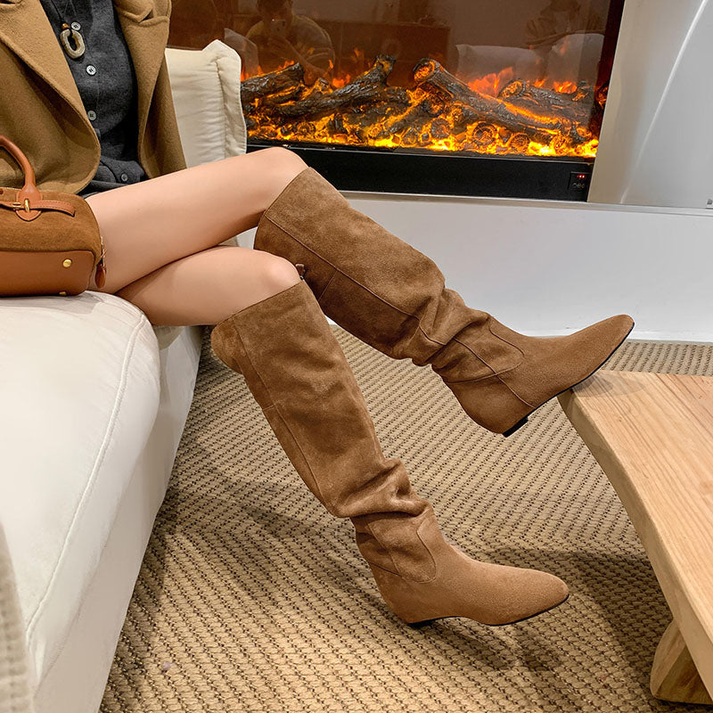 Karin Luna In Stock Spot Goods Vintage Cowhide Leather Two-Way Wear Pointed Toe Height-Increasing Long Boots
