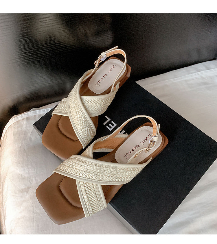 Karin Luna In Stock  Spot Goods Woven Style  Cross-strap Vacation Style Flat Sandals