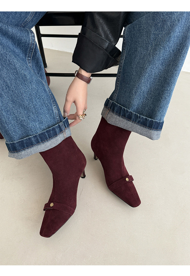 Karin Luna Elegant Style Small Square Toe Belt Buckle Thin Heel Short Boots