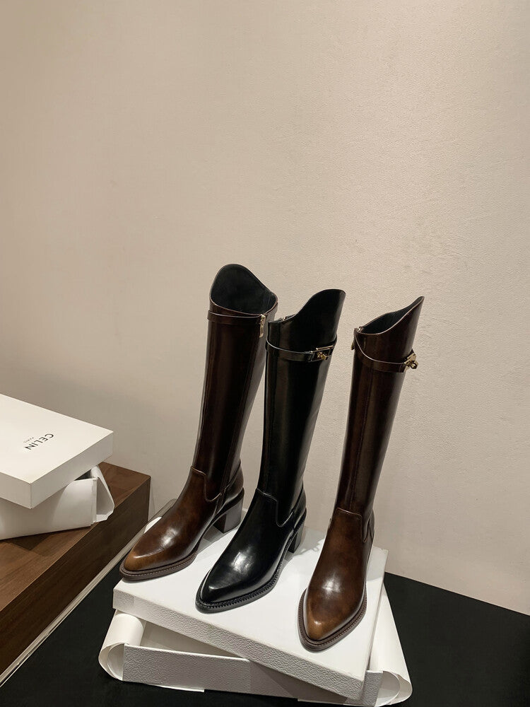 Karin Luna Hot-Selling Fasteners Sold as soon as listed Comes with data plan included Pointed Toe Chunky Heel Classic Full Cowhide Leather Riding Boots